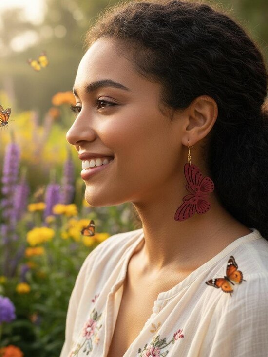 Better World Boutique Jewelry - Butterfly Earrings NEW Redwood Cutouts Lightweight Dangle French Hooks Boho